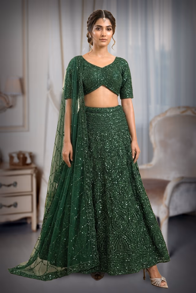 Regal Emerald Green Heavily Embellished Net Lehenga Choli with Concentric Sequin Motifs and Bead… — back view, rent in Kochi