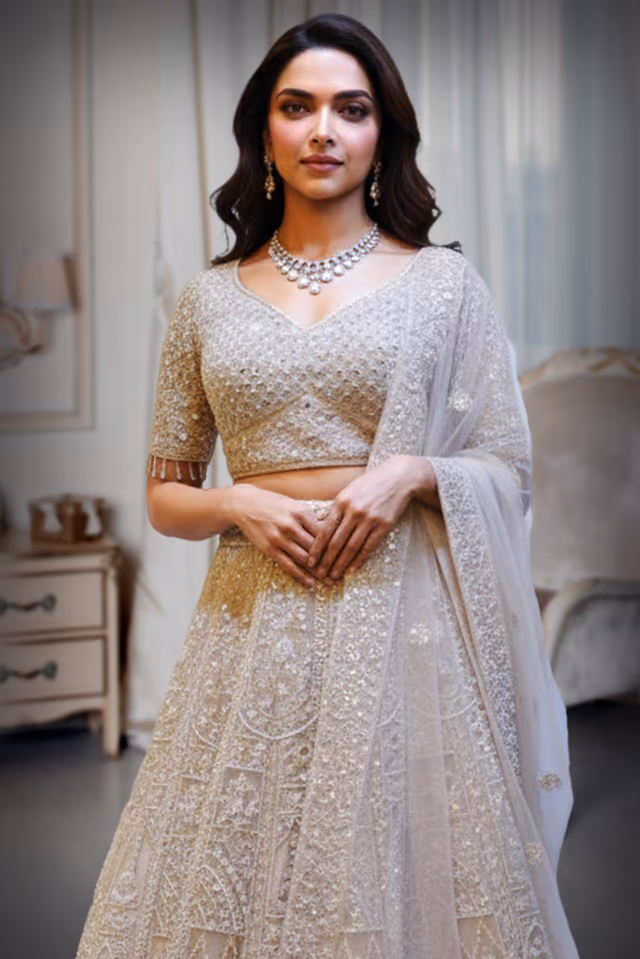Regal Ivory Lehenga with Intricate Zardozi, Sequins, and Stone Embroidery — rent in Kochi