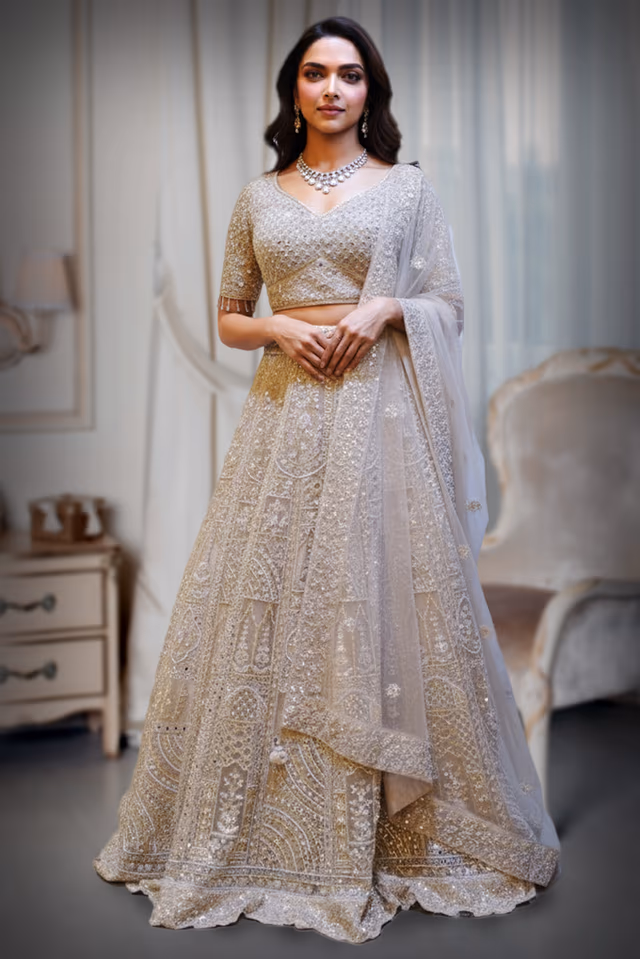 Regal Ivory Lehenga with Intricate Zardozi, Sequins, and Stone Embroidery — back view, rent in Kochi