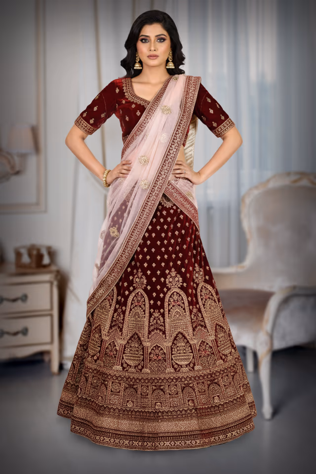 Regal Maroon Velvet Bridal Lehenga with Contrast Dupatta — back view, rent in Bangalore