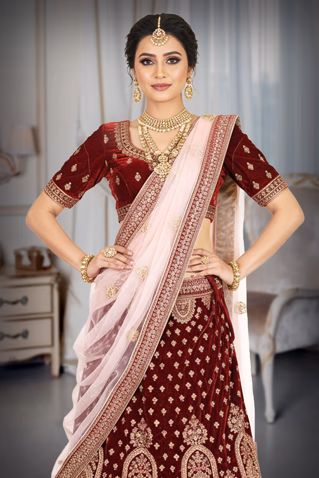 Regal Maroon Velvet Bridal Lehenga with Contrast Dupatta — rent in Bangalore