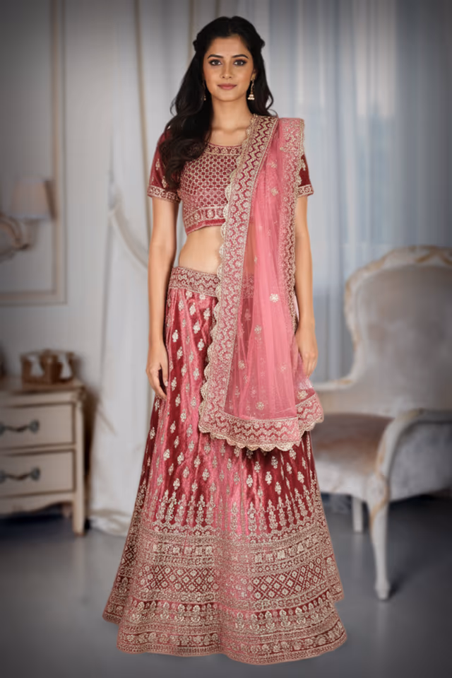 Regal onion pink velvet lehenga with golden embroidery — back view, rent in Bangalore