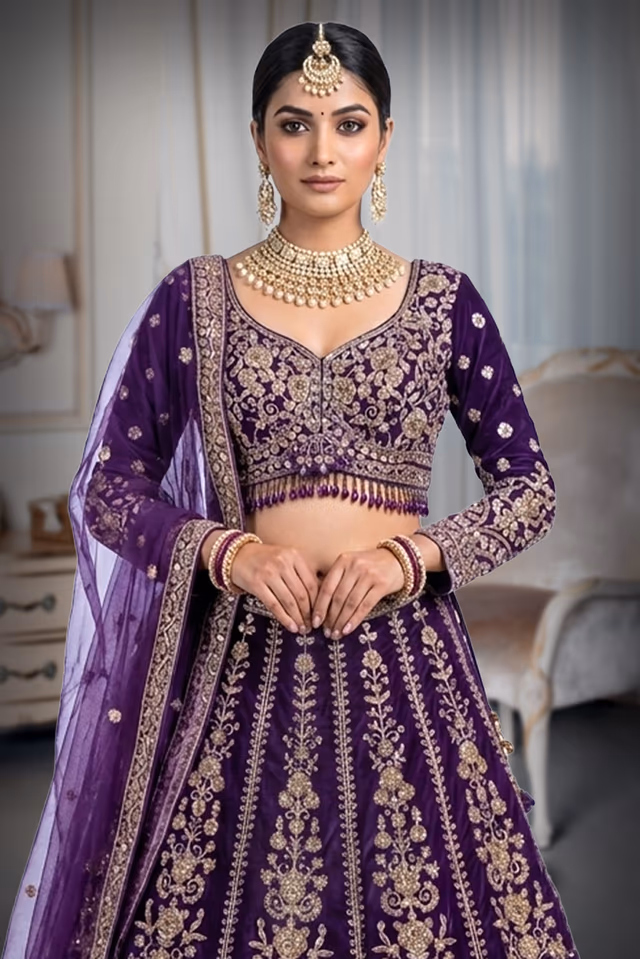 Regal Purple net  Lehenga Set with All-over Gold Zari & Sequin Embellishment — rent in Kochi