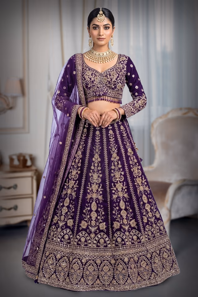Regal Purple net  Lehenga Set with All-over Gold Zari & Sequin Embellishment — back view, rent in Kochi