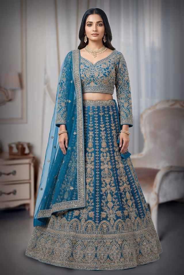 Regal Teal Blue Net Lehenga Choli with Gold Zari and Sequin Embellishment — back view, rent in Kochi
