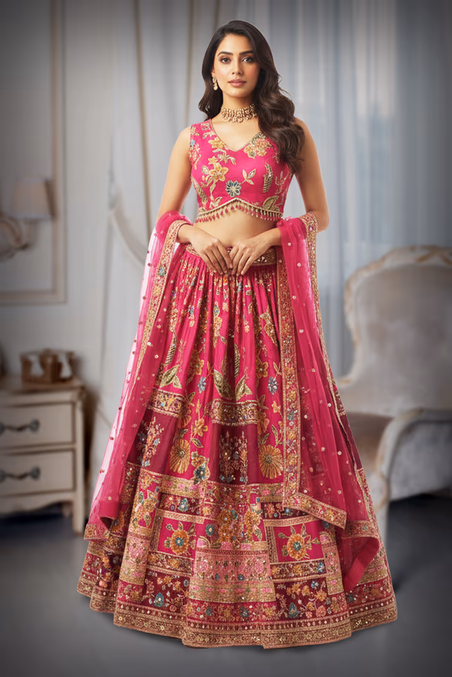 Rich Rose Hue colour multi coloured Lehenga — back view, rent in Coimbatore