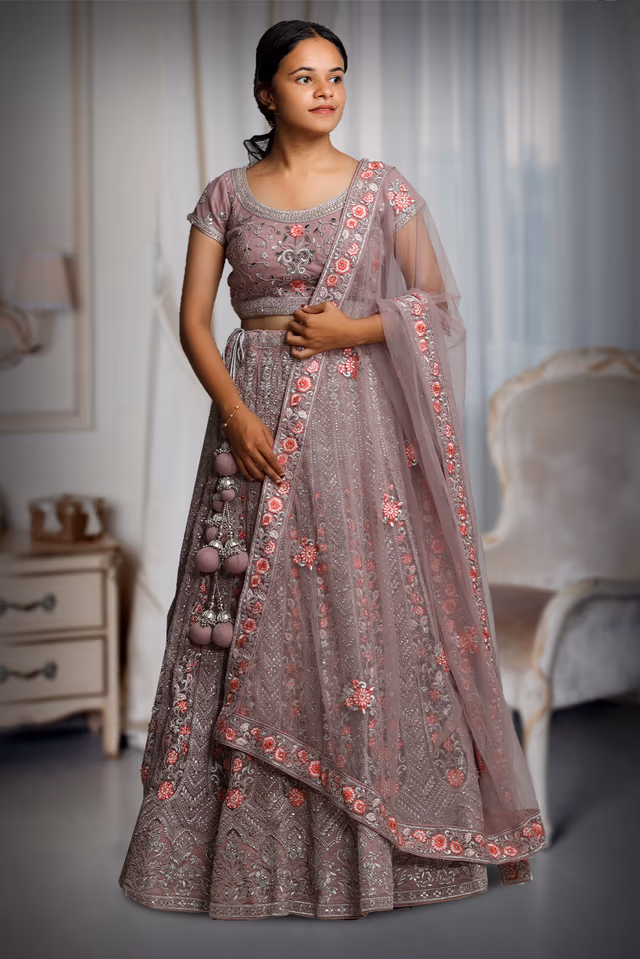 Rose Pink Bridal Lehenga With Threadworked Floral Details Along With Same Color Dupatta — back view, rent in Calicut