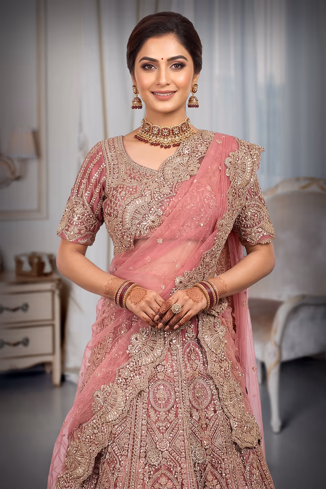 Rose Pink with Gold Embellishments Bridal/Partywear Lehenga Choli with Dupatta — rent in Bangalore