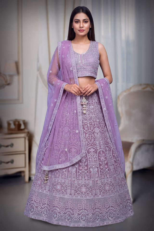 Rose Pink Heavy Stone Work Embellished Crop Top Lehenga With Same Colour Dupatta — back view, rent in Coimbatore
