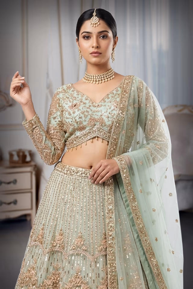 Royal Sage Green and Gold Intensive Sequin & Bead Embellished Lehenga Choli — rent in Kochi