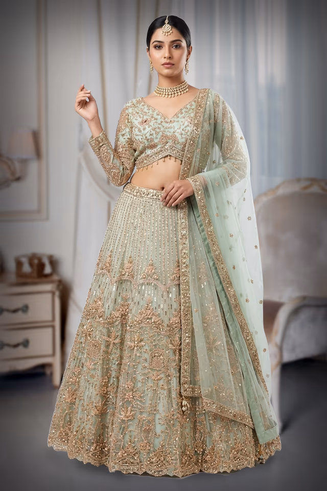 Royal Sage Green and Gold Intensive Sequin & Bead Embellished Lehenga Choli — back view, rent in Kochi