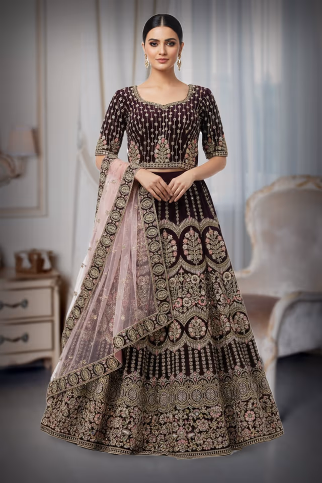 Royal wine velvet with intricate gold and blush embroidery — back view, rent in Bangalore