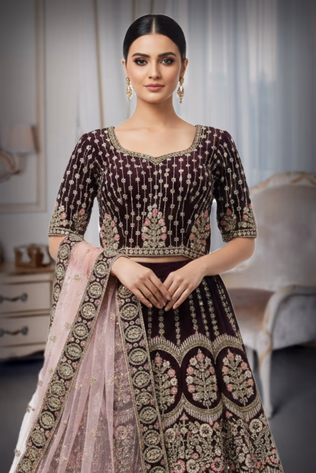 Royal wine velvet with intricate gold and blush embroidery — rent in Bangalore