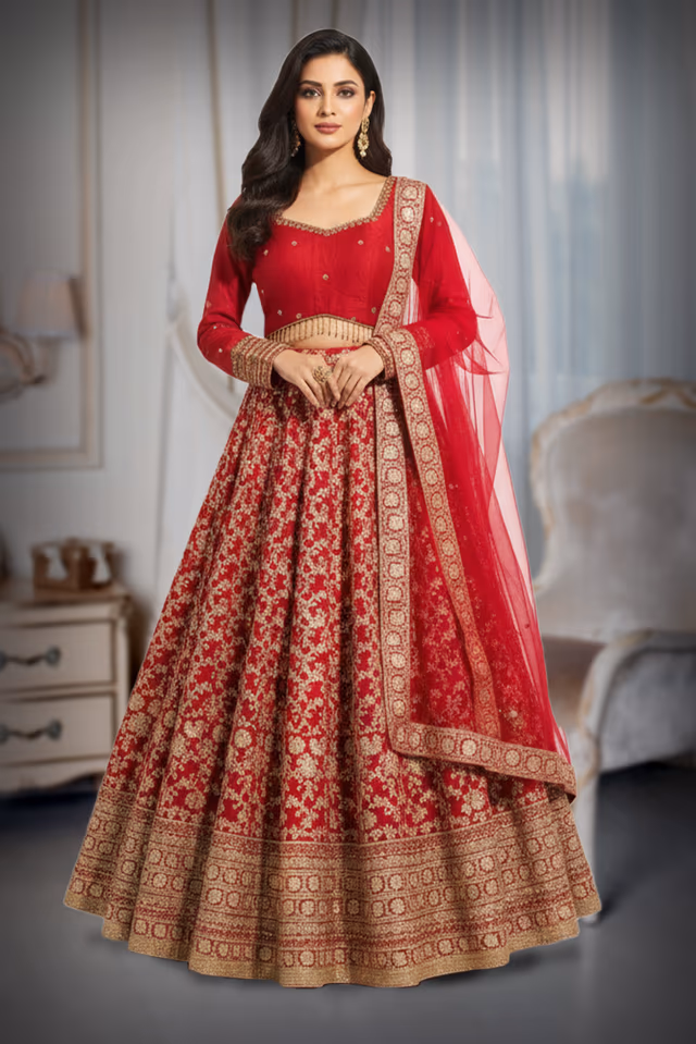Ruby Red Silk Lehenga with All-Over Gold Floral "Jaal" Embroidery and Architectural Border. — back view, rent in Kochi