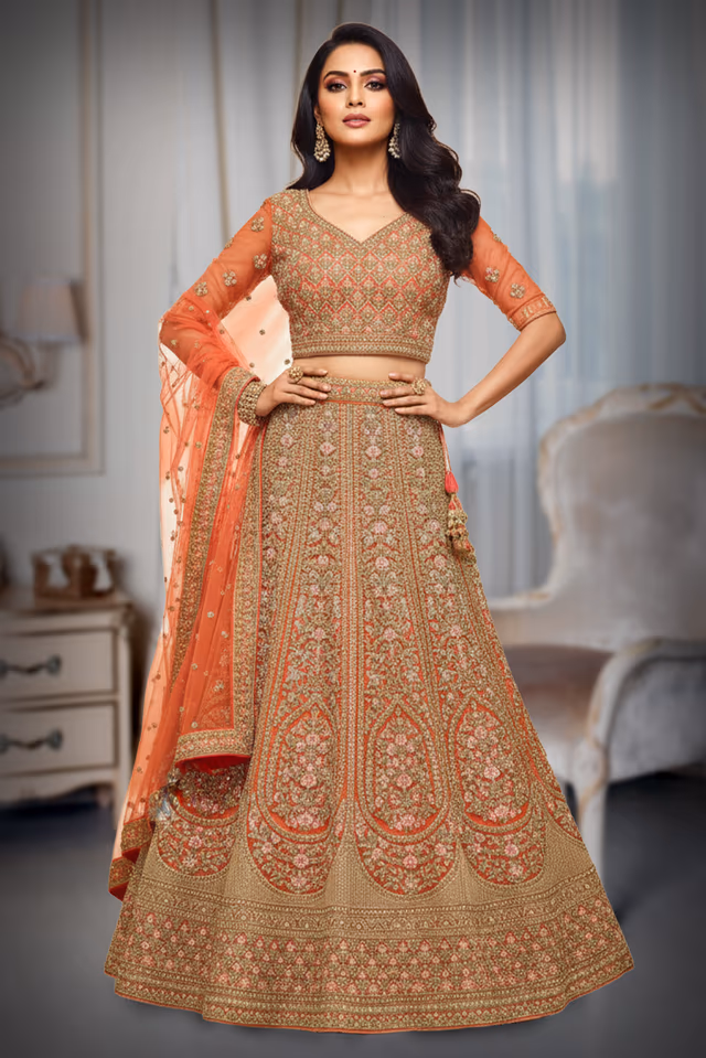 Rust Orange Hand-Embroidered Silk Lehenga Choli with Zari and Resham Work — back view, rent in Kochi