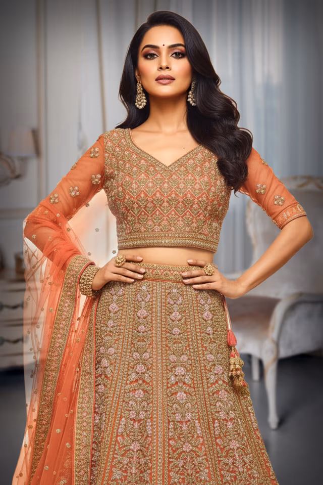 Rust Orange Hand-Embroidered Silk Lehenga Choli with Zari and Resham Work — rent in Kochi