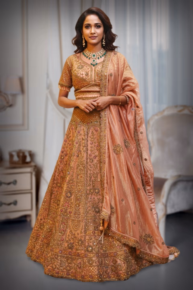 Rusty Orange Heavy Embellished Wedding Lehenga With Same Color Crop Top And Dupatta — back view, rent in Kochi