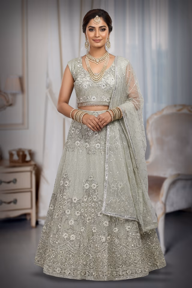 Sage Green Crop Top Lehenga With Heavy Detailed Skirt With Floral Designs And Sleeveless Blouse — back view, rent in Calicut