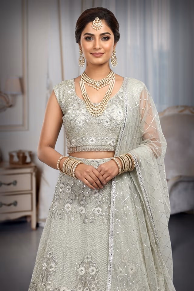 Sage Green Crop Top Lehenga With Heavy Detailed Skirt With Floral Designs And Sleeveless Blouse — rent in Calicut