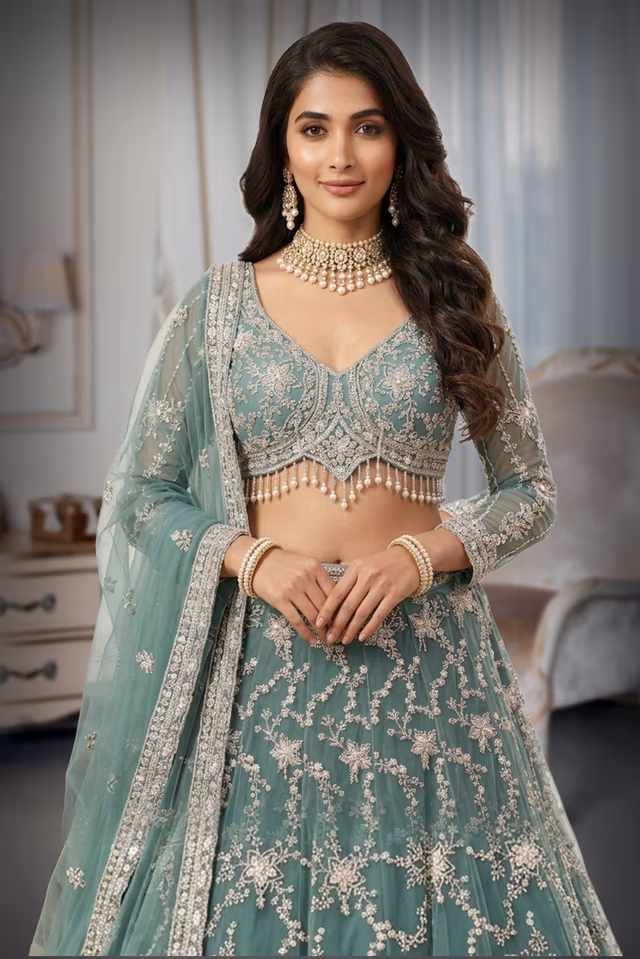 Elegant Sage Green Lehenga Featuring Intricate White Floral Threadwork, Dangle Details, And A Net Dupatta — rent in Calicut