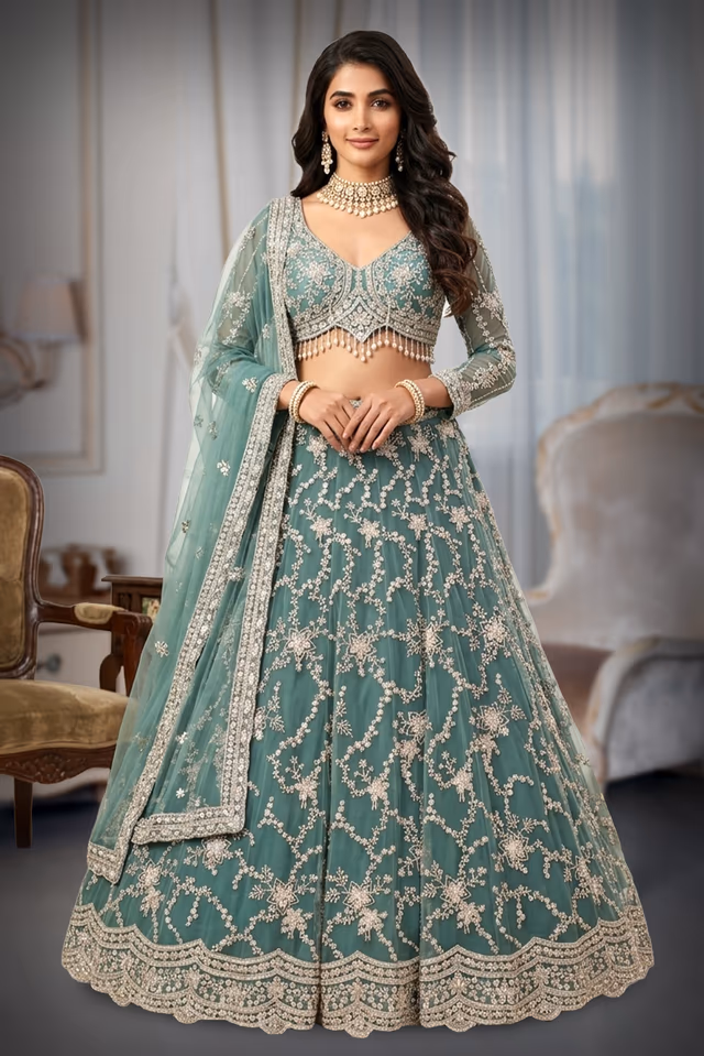 Elegant Sage Green Lehenga Featuring Intricate White Floral Threadwork, Dangle Details, And A… — back view, rent in Calicut