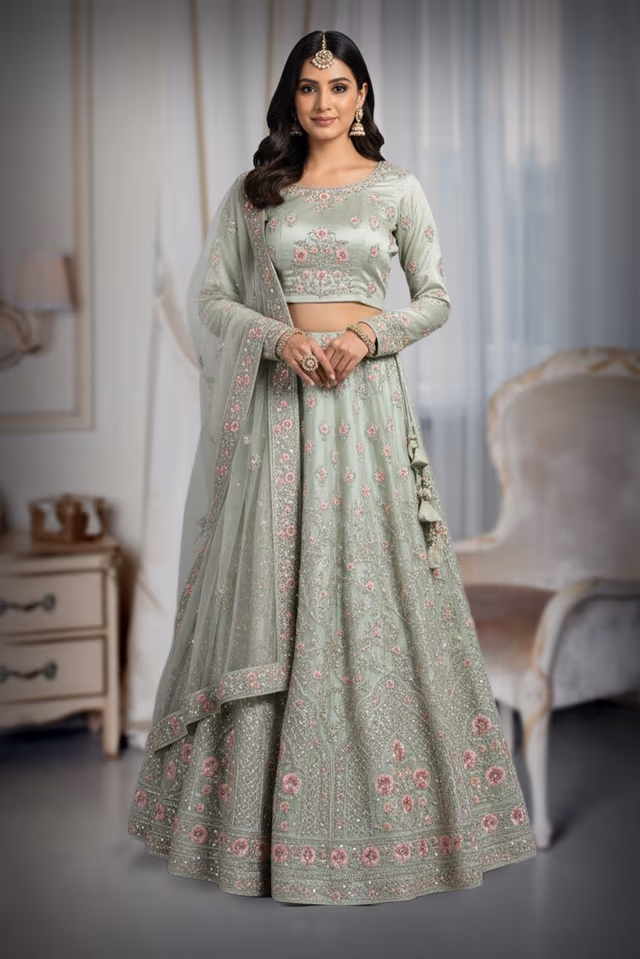 Sage Green Silk Lehenga Choli with Intricate Floral Embroidery and Sequins — back view, rent in Coimbatore