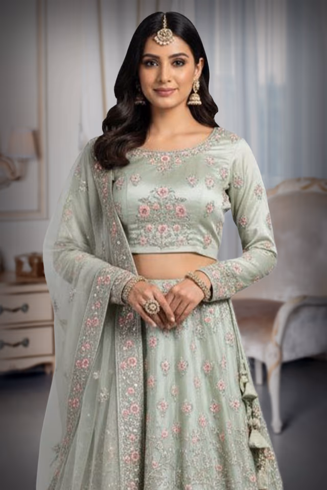 Sage Green Silk Lehenga Choli with Intricate Floral Embroidery and Sequins — rent in Coimbatore