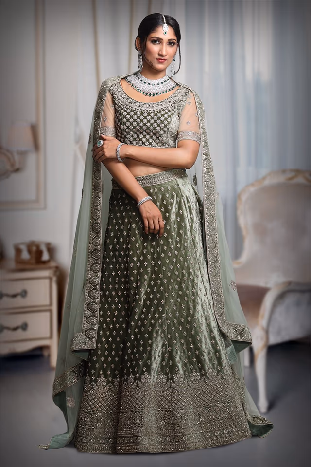Sage Green Heavy Stone Worked Lehenga With Exquisite Detailing On Blouse And Dupatta — back view, rent in Coimbatore