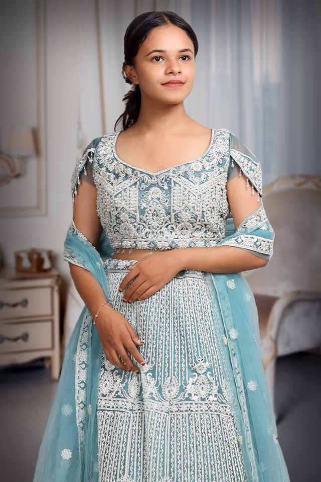 Sea Blue Bridal Lehenga With Intricate Stone Work Details Along With Same Color Dupatta — rent in Calicut