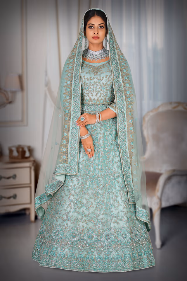 Sea Green Lehenga — back view, rent in Coimbatore