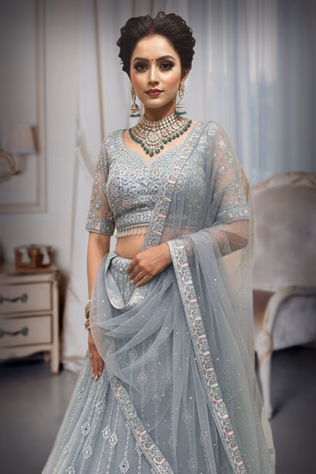 Semi Bridal Lehenga , Ash Blue Colour  with Thread work and Netted Dhuppatta — rent in Coimbatore