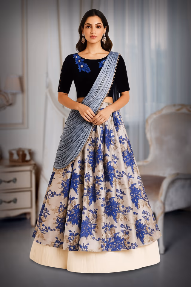 Semi Briidal lehenga — back view, rent in Coimbatore