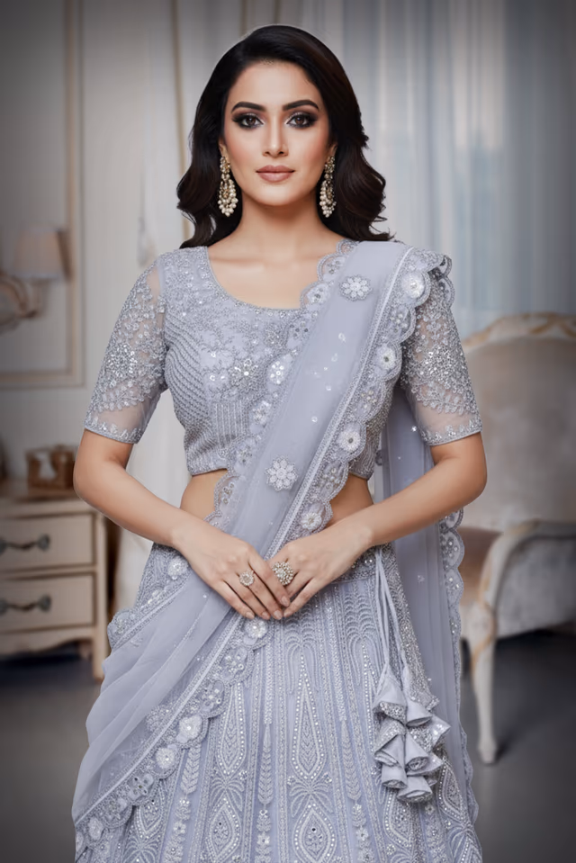 Sequeneced netted Greyish blue lehenga — rent in Bangalore