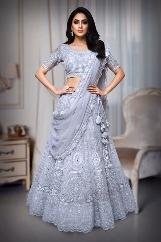 Sequeneced netted Greyish blue lehenga — back view, rent in Bangalore