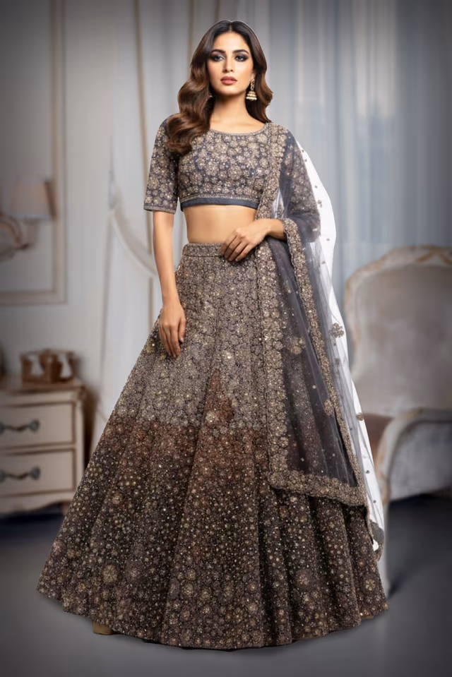 This Shimmering Blue Grey Lehenga Set Showcases Heavy Geometric Sequin Work Throughout The… — back view, rent in Calicut