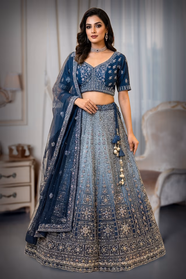 This Shimmering Dark Blue Lehenga Set Showcases Heavy Geometric Sequin Work Throughout The… — back view, rent in Calicut