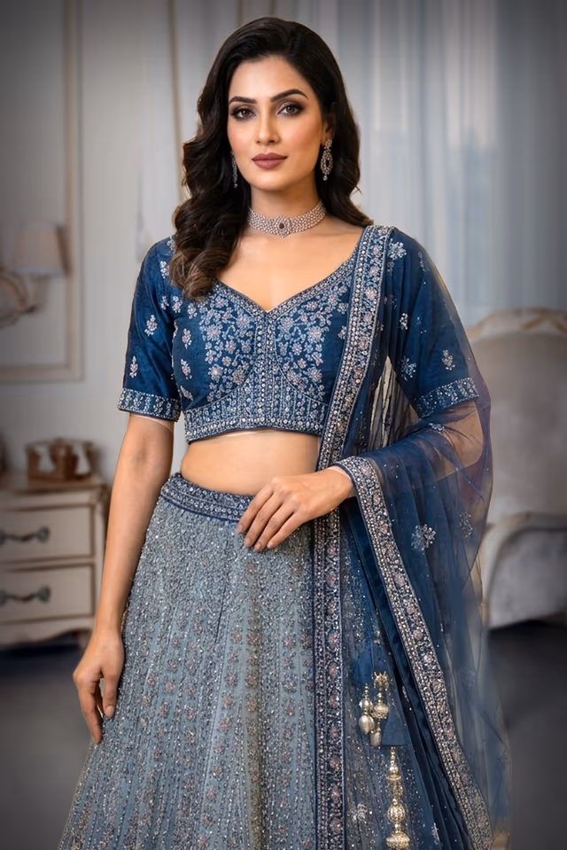This Shimmering Dark Blue Lehenga Set Showcases Heavy Geometric Sequin Work Throughout The Skirt Paired… — rent in Calicut