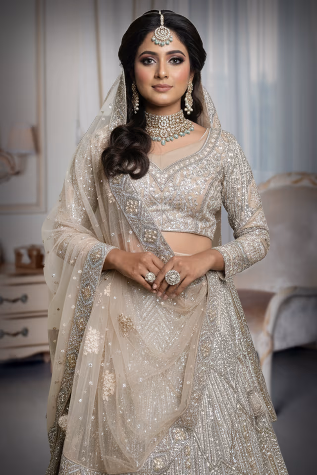 This Shimmering Golden Beige Lehenga Set Showcases Heavy Geometric Sequin Work Throughout The Skirt… — rent in Calicut