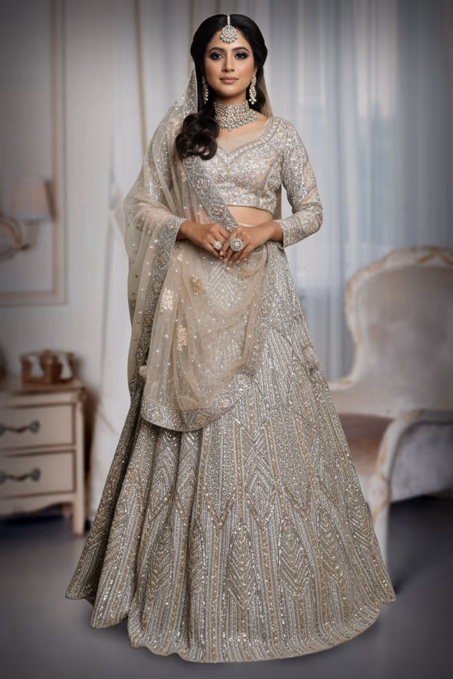 This Shimmering Golden Beige Lehenga Set Showcases Heavy Geometric Sequin Work Throughout The… — back view, rent in Calicut