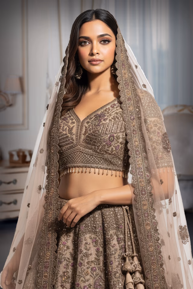 This Shimmering Latte Beige Lehenga Set Showcases Heavy Geometric Sequin Work Throughout The Skirt Paired… — rent in Calicut