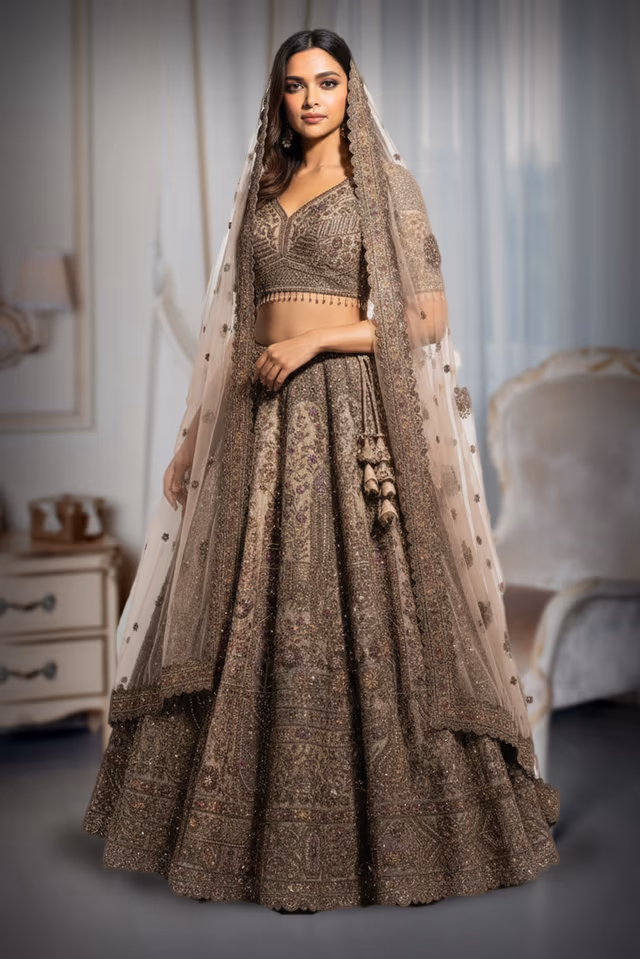 This Shimmering Latte Beige Lehenga Set Showcases Heavy Geometric Sequin Work Throughout The… — back view, rent in Calicut