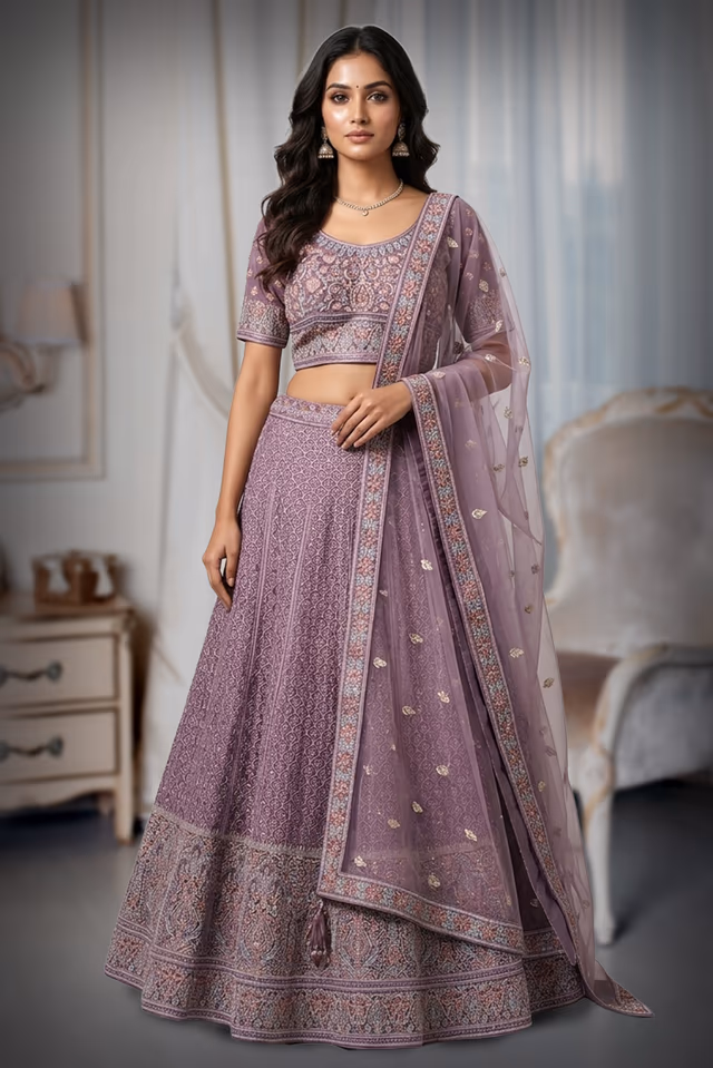 This Shimmering Pink Lehenga Set Showcases Heavy Geometric Sequin Work Throughout The Skirt… — back view, rent in Calicut