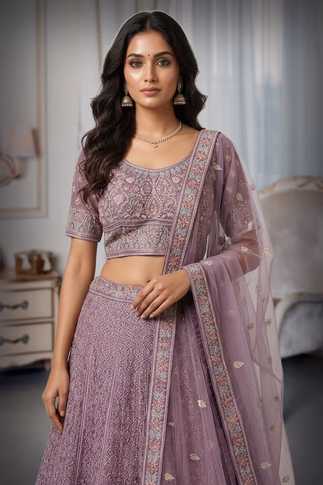 This Shimmering Pink Lehenga Set Showcases Heavy Geometric Sequin Work Throughout The Skirt Paired With A… — rent in Calicut