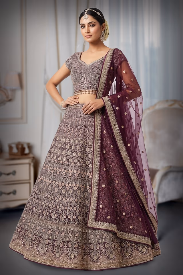 This Shimmering Purple Lehenga Set Showcases Heavy Geometric Sequin Work Throughout The Skirt… — back view, rent in Calicut