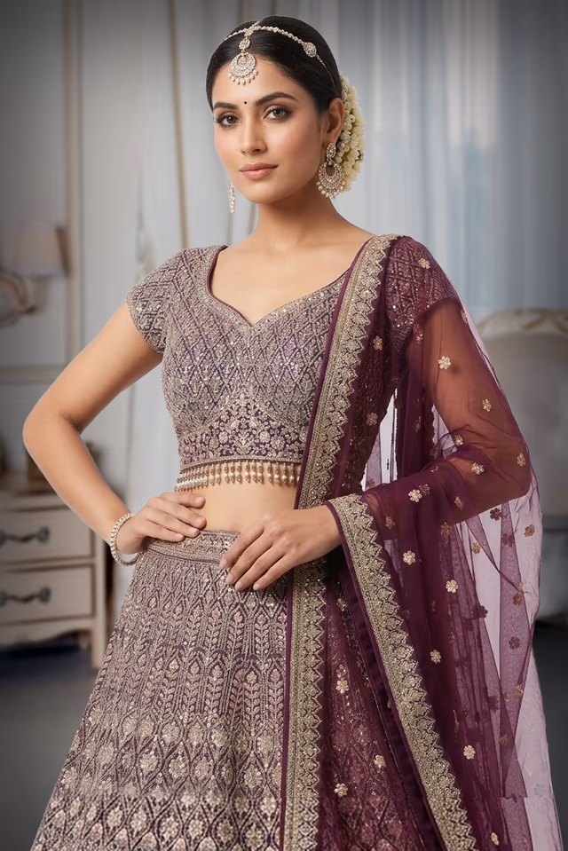 This Shimmering Purple Lehenga Set Showcases Heavy Geometric Sequin Work Throughout The Skirt Paired With… — rent in Calicut