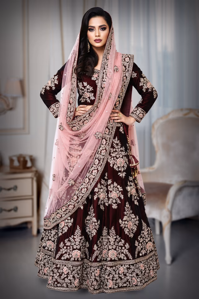 Short gown with a velevet finish zari work — back view, rent in Bangalore