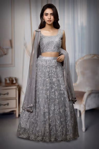 Silver Grey Heavy Stone  Worked Bridal Lehenga — back view, rent in Kochi