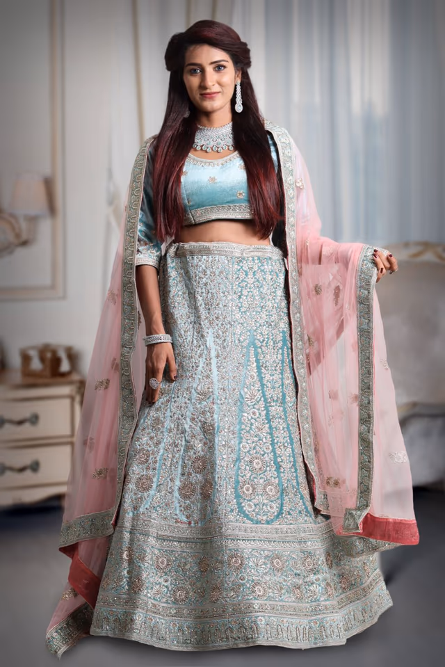 Sky blue golden thread work jarkan stone velvet lehenga — back view, rent in Coimbatore