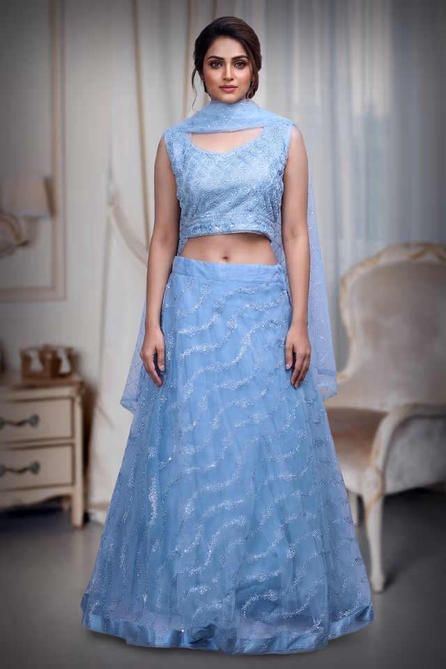Sky Blue Minimal Net Lehenga With Threadwork Details And Same Colour Dupatta — back view, rent in Bangalore
