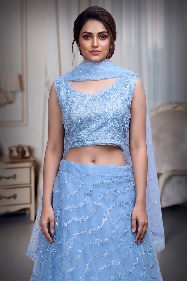 Sky Blue Minimal Net Lehenga With Threadwork Details And Same Colour Dupatta — rent in Bangalore